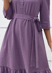 Dusty Purple Button A Line Belted 3/4 Sleeve Dress | thumb picture 