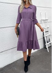 Dusty Purple Button A Line Belted 3/4 Sleeve Dress | thumb picture 