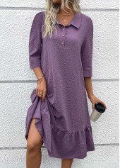 Dusty Purple Button A Line Belted 3/4 Sleeve Dress