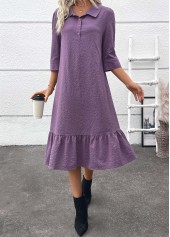 Dusty Purple Button A Line Belted 3/4 Sleeve Dress | thumb picture 