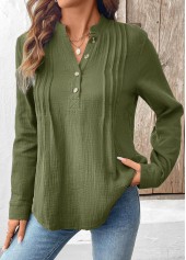 Olive Green Button Long Sleeve Split Neck Blouse | thumb picture 
