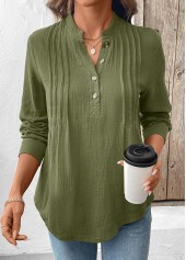 Olive Green Button Long Sleeve Split Neck Blouse