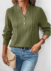 Olive Green Button Long Sleeve Split Neck Blouse | thumb picture 