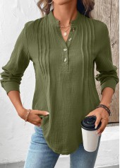 Olive Green Button Long Sleeve Split Neck Blouse | thumb picture 
