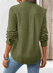 Olive Green Button Long Sleeve Split Neck Blouse | thumb picture 