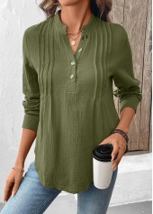 Olive Green Button Long Sleeve Split Neck Blouse | thumb picture 