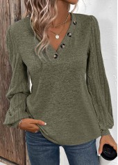 Olive Green Asymmetry Long Sleeve V Neck T Shirt