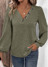 Olive Green Asymmetry Long Sleeve V Neck T Shirt | thumb picture 