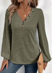 Olive Green Asymmetry Long Sleeve V Neck T Shirt | thumb picture 