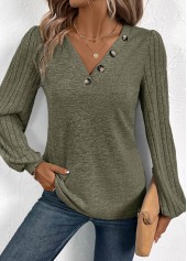 Olive Green Asymmetry Long Sleeve V Neck T Shirt | thumb picture 