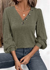Olive Green Asymmetry Long Sleeve V Neck T Shirt | thumb picture 