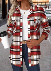 Red Patchwork Plaid Long Sleeve Turn Down Collar Coat