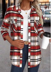 Red Patchwork Plaid Long Sleeve Turn Down Collar Coat | thumb picture 