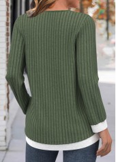 Olive Green Button Long Sleeve Round Neck T Shirt | thumb picture 