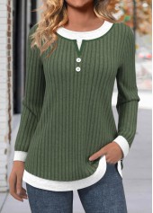 Olive Green Button Long Sleeve Round Neck T Shirt