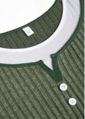 Olive Green Button Long Sleeve Round Neck T Shirt | thumb picture 