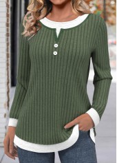 Olive Green Button Long Sleeve Round Neck T Shirt | thumb picture 
