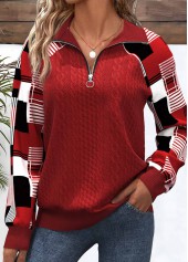Plus Size Red Patchwork Plaid Long Sleeve Sweatshirt