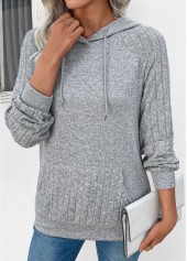 Grey Drawstring Patchwork Long Sleeve Hoodie