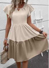 Light Camel Patchwork Short Sleeve Round Neck Dress | thumb picture 
