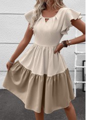 Light Camel Patchwork Short Sleeve Round Neck Dress | thumb picture 