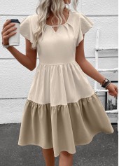 Light Camel Patchwork Short Sleeve Round Neck Dress