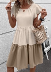 Light Camel Patchwork Short Sleeve Round Neck Dress | thumb picture 