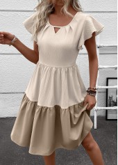Light Camel Patchwork Short Sleeve Round Neck Dress | thumb picture 