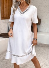 White Embroidery A Line Short Sleeve V Neck Dress