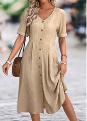 Light Coffee A Line Short Sleeve V Neck Dress