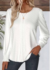 White Embroidery Long Sleeve Round Neck Blouse
