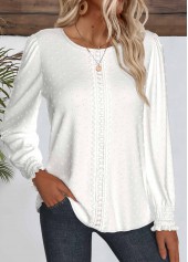 White Embroidery Long Sleeve Round Neck Blouse