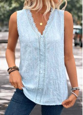 Light Blue Embroidery Sleeveless V Neck Tank Top