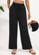 Black Drawstring Wide Leg Elastic Waist High Waisted Pants