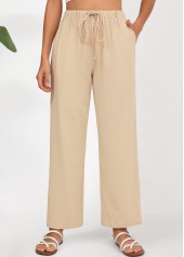 Light Camel Drawstring Straight Leg Elastic Waist Pants