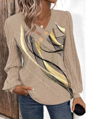 Light Camel Button Geometric Print Long Sleeve T Shirt