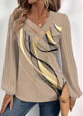 Light Camel Button Geometric Print Long Sleeve T Shirt | thumb picture 