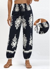 Navy Smocked Tribal Print Jogger Elastic Waist Pants