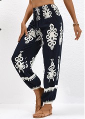 Navy Smocked Tribal Print Jogger Elastic Waist Pants | thumb picture 