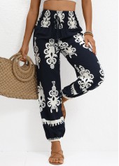 Navy Smocked Tribal Print Jogger Elastic Waist Pants | thumb picture 