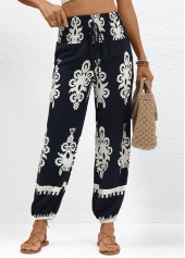 Navy Smocked Tribal Print Jogger Elastic Waist Pants | thumb picture 