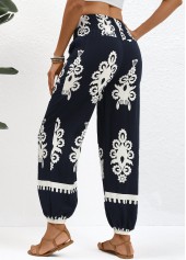 Navy Smocked Tribal Print Jogger Elastic Waist Pants | thumb picture 