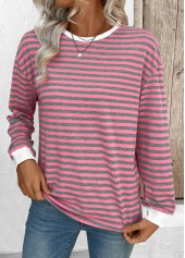 Pink Striped Long Sleeve Round Neck T Shirt | thumb picture 
