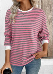 Pink Striped Long Sleeve Round Neck T Shirt