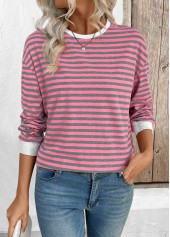 Pink Striped Long Sleeve Round Neck T Shirt | thumb picture 