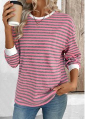 Pink Striped Long Sleeve Round Neck T Shirt | thumb picture 