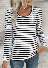 White Striped Long Sleeve Round Neck T Shirt