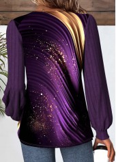 Purple Button Ombre Long Sleeve V Neck T Shirt | thumb picture 