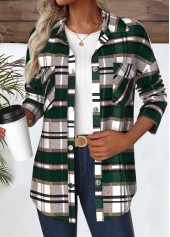 Green Snap Button Plaid Long Sleeve Coat