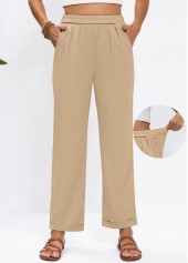 Light Camel Straight Leg Elastic Waist High Waisted Pants